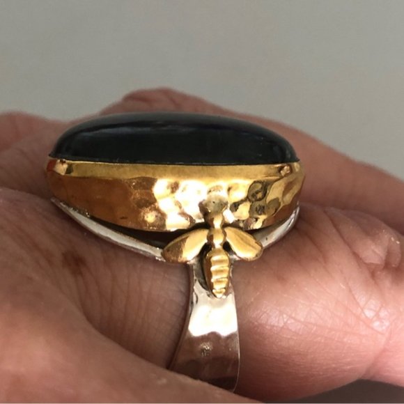 YS INDIA Oval Labradorite Bee Light Blue Ring sterling silver 925 & Brass sz.9 - Picture 16 of 16